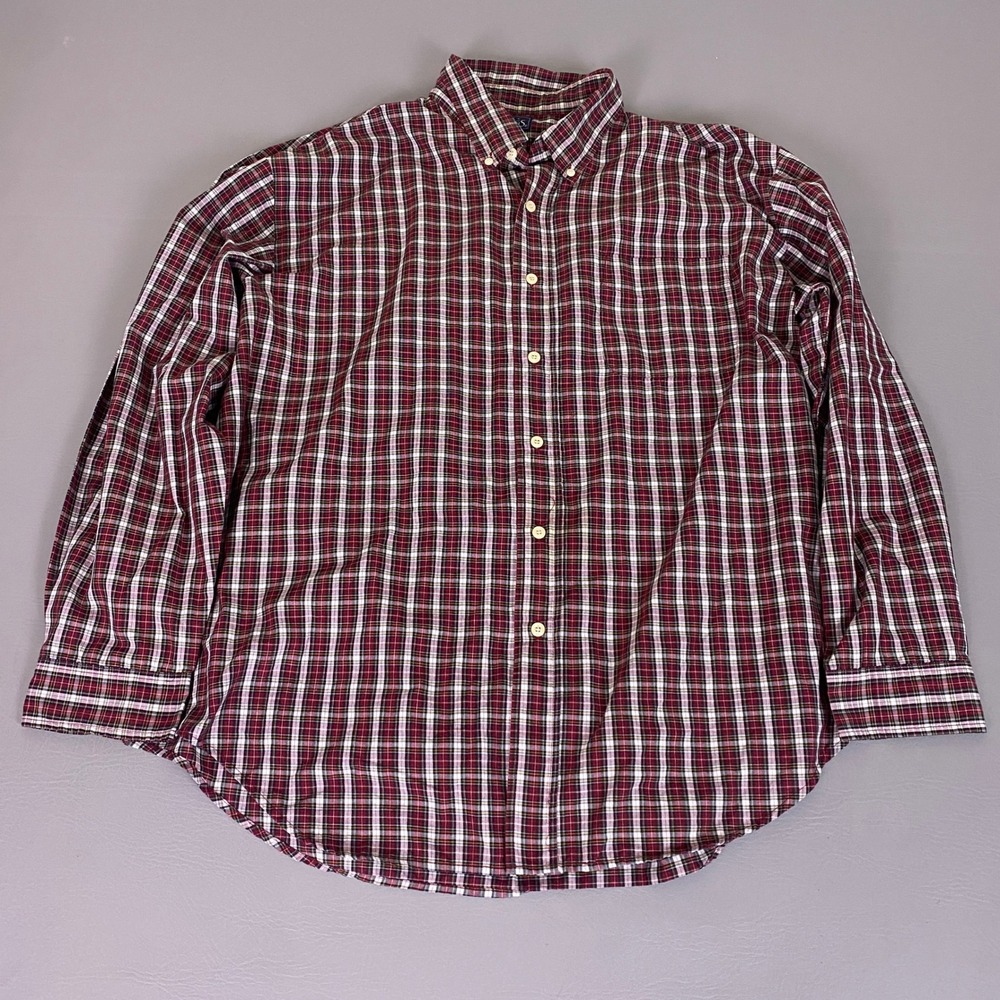 Basic Editions Button Down Shirt Mens XL Red White Navy Plaid Long Sleeve Cotton